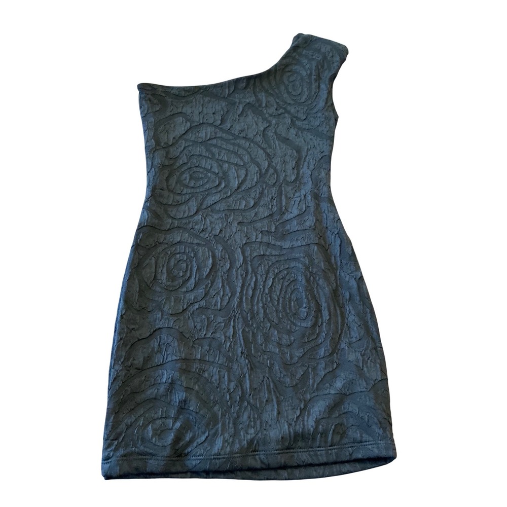 Symphony Black‎ One Shoulder Bodycon Dress Textured Floral Jacquard 12574 Medium